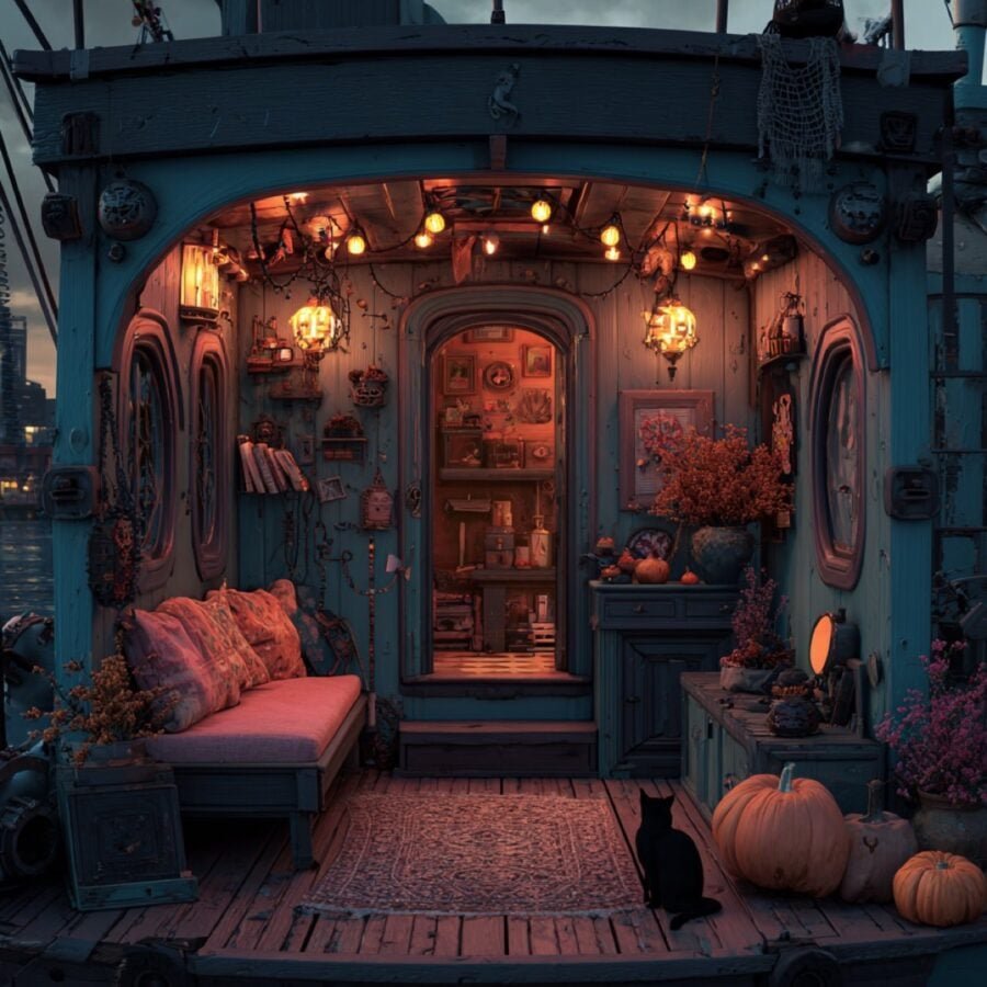 u2899512474_a_whimsical_houseboat_cabin_with_a_slightly_moody_fbadd8ba-99b3-4d43-ab15-36722c8ece33_0