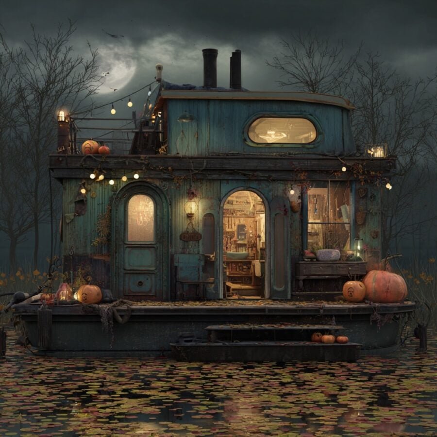 u2899512474_a_whimsical_houseboat_cabin_with_a_slightly_moody_fbadd8ba-99b3-4d43-ab15-36722c8ece33_1